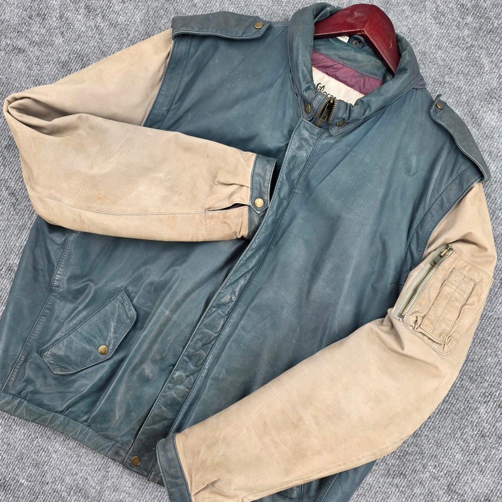 Vintage Wilsons Leather Bomber Jacket Blue Tan Zip Off Sleeves Vest Hood Mens 46